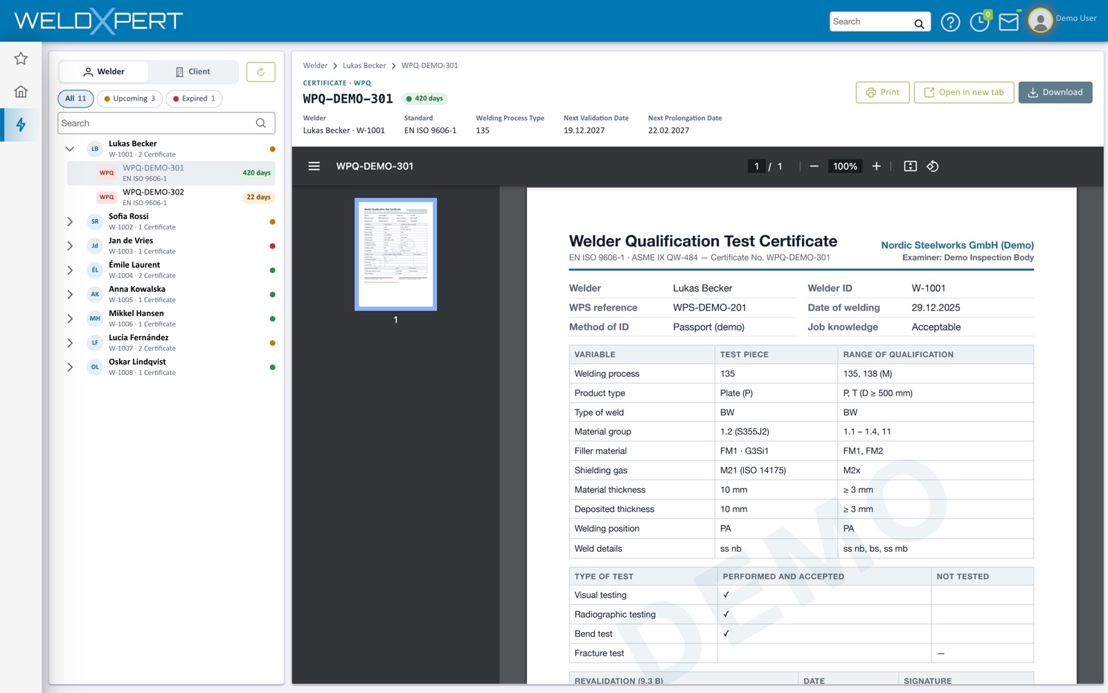 weldXpert doc viewer: welders with their certificates, one WPQ certificate opened