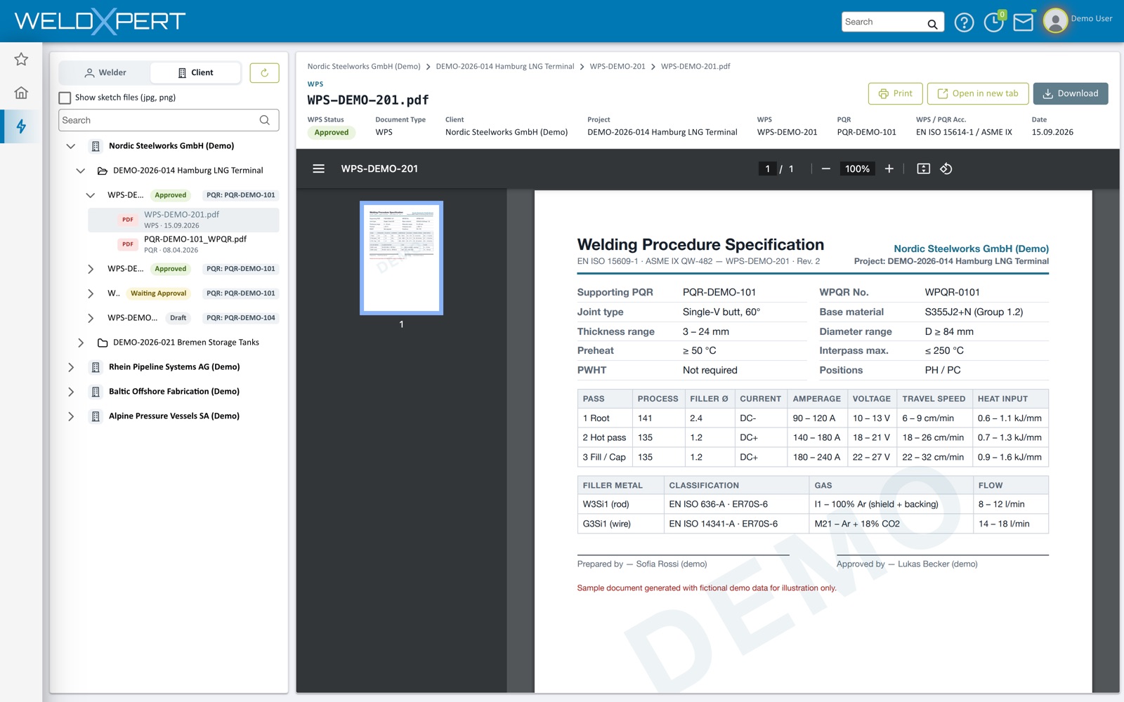 weldXpert doc viewer: client and project tree with a WPS opened