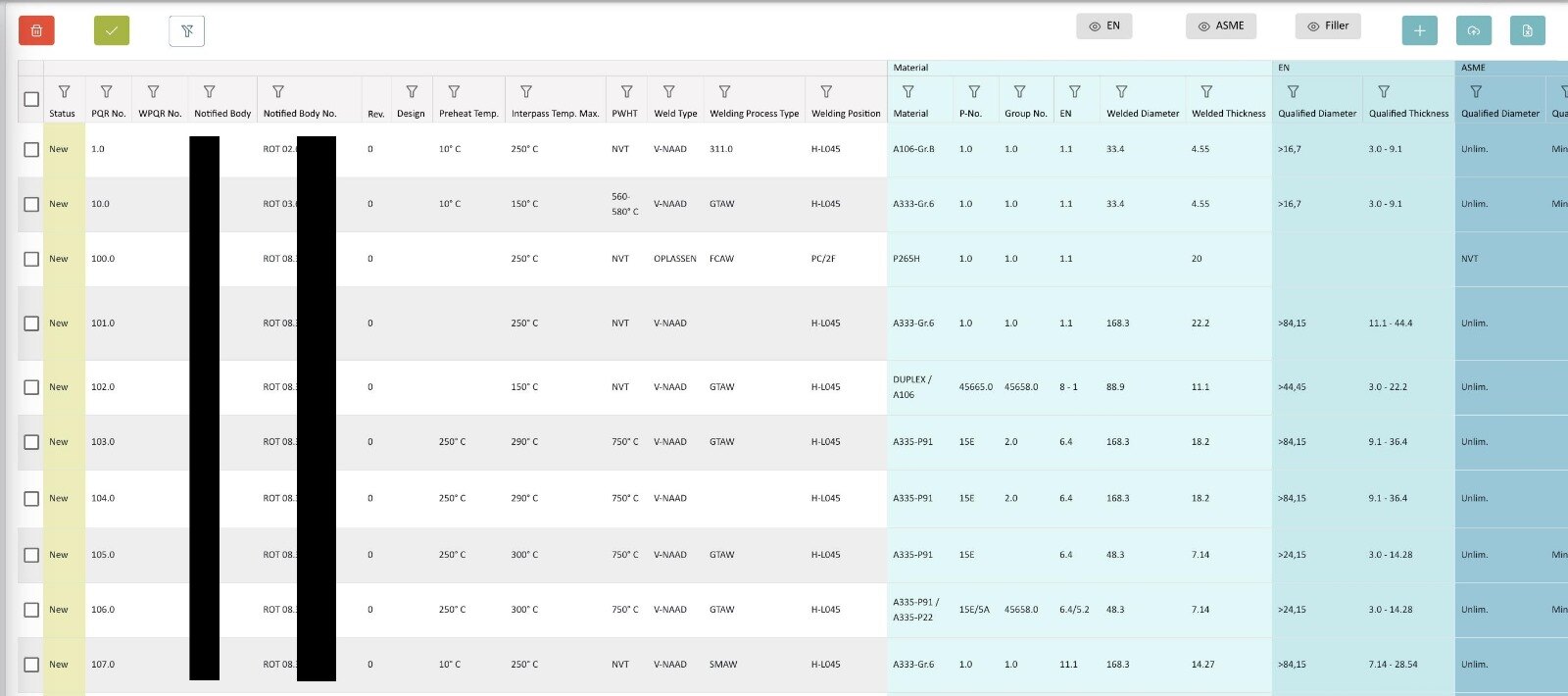 weldXpert screen: PQR list with filters for material and thickness