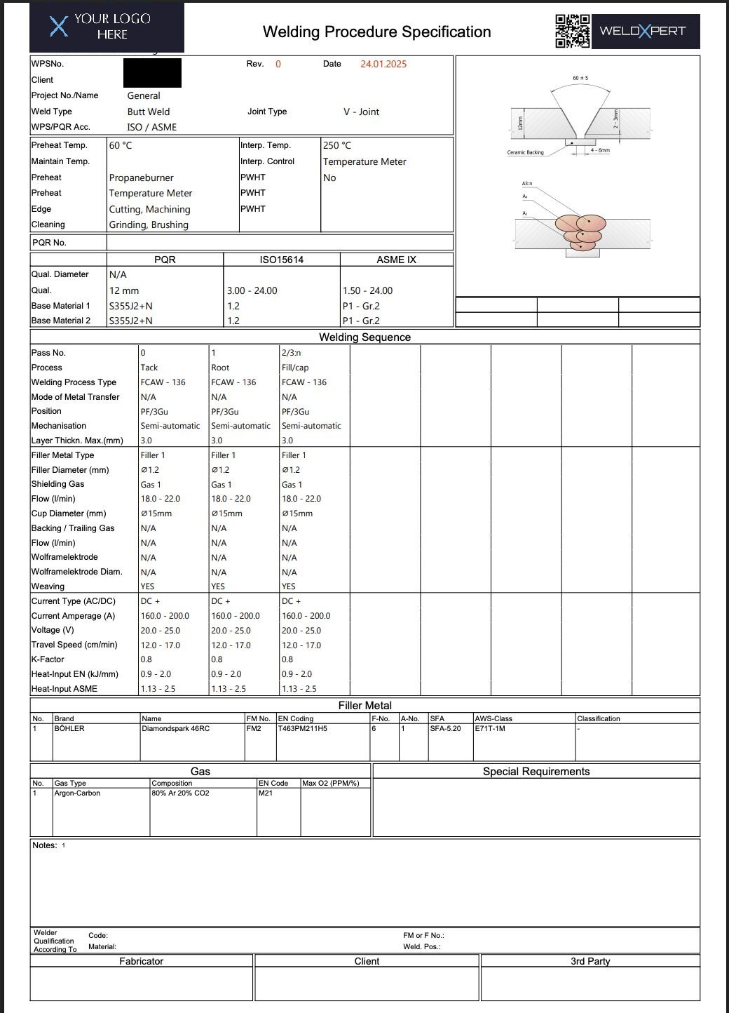 weldXpert screen: WPS form with standard, process and parameter fields